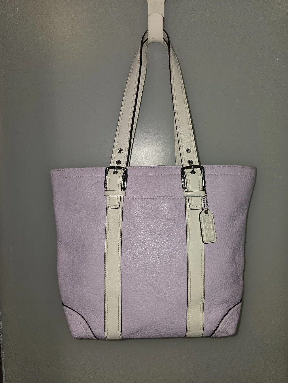 COACH F10692 Hampton Pebbled Leather Tote Lavender Purple & White *PLEASE READ*